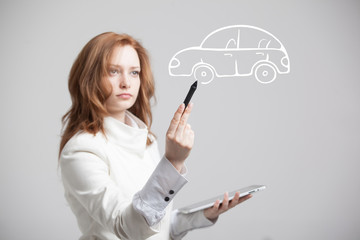 Woman drawing car, concept on the subject of dreams or financial