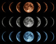 Seven phases of the moon isolated on black background.