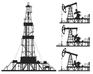 Set of oil pumps and rig silhouettes