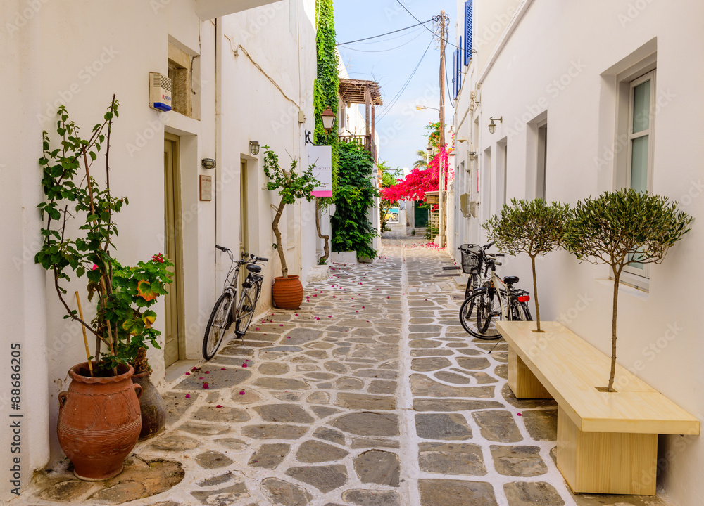 street in the old town of Parikia, Paros island, Cyclades, Greece. - obrazy, fototapety, plakaty 