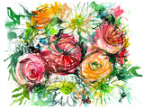 Fototapeta Kwiaty - bouquet of flowers with chamomile/ buttercup/ rose/ watercolor painting