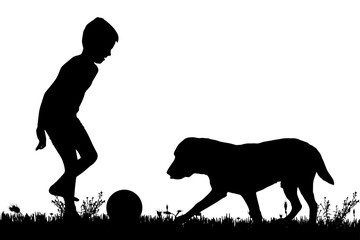 Sticker - Vector silhouette of a boy with a dog.