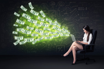 Wall Mural - Businesswoman sitting in chair holding laptop with dollar bills