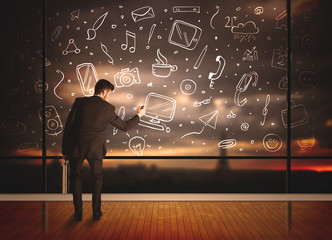 Wall Mural - Drawing businessman with social media icon background