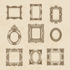 Vector vintage hand drawn set with picture frames. 