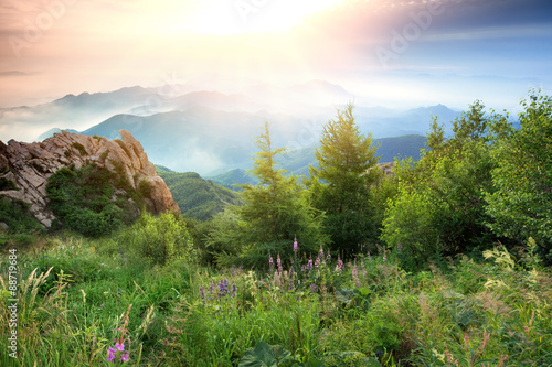 Sunrise in mountains.