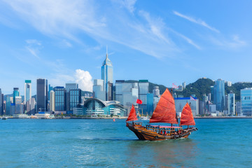 Hong Kong harbour with junk boat