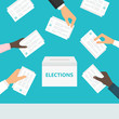 People hands holding ballot paper and putting them into ballot box. Elections and voting illustration