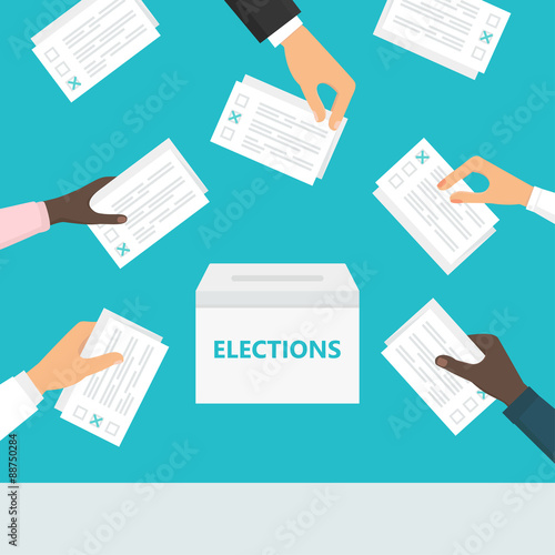 Fotografie, Obraz People hands holding ballot paper and putting them into ballot box