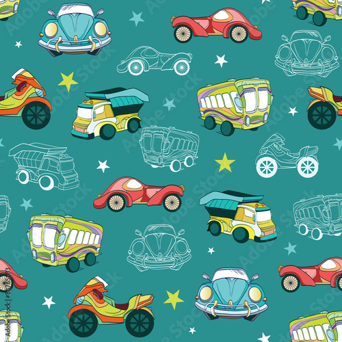 Nowoczesny obraz na płótnie Vector Transportation Cars Trucks Motorcyles Seamless Pattern