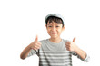 © wckiw - Little boy pose portrait with thump up on white background