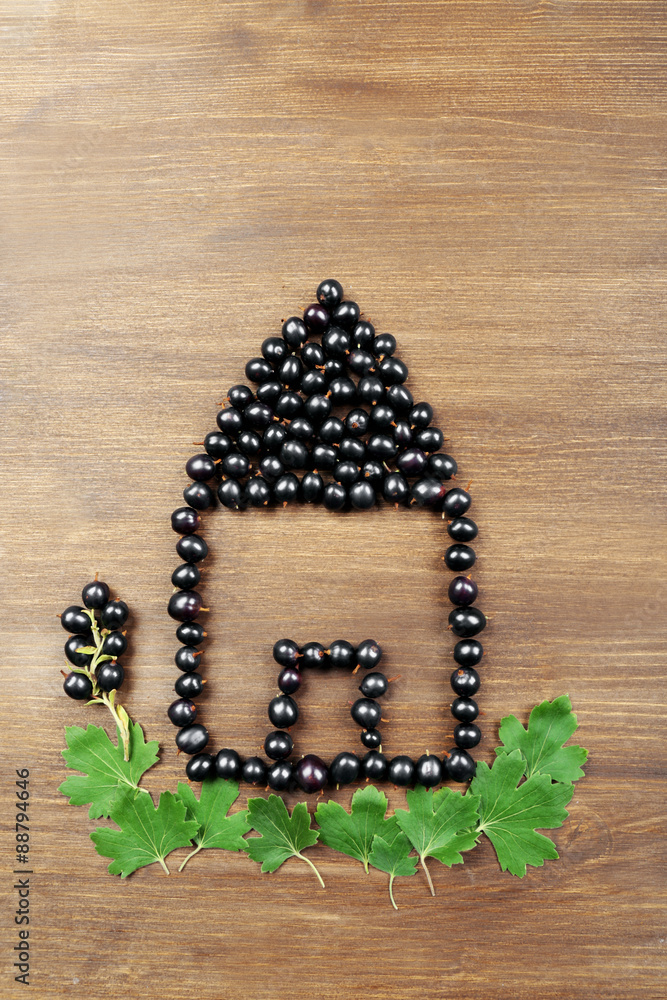 Black Currant in shape of house on wooden background