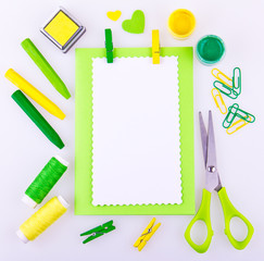 Hand made set in green and yellow colors. On white background. Place for your text. Greeting card.