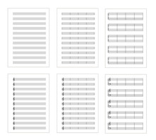 Set Of Six Types Music Note Staves, A4 Sheets, Isolated On White