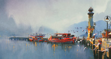 Fishing Boat In Harbor At Morning,watercolor Painting Style