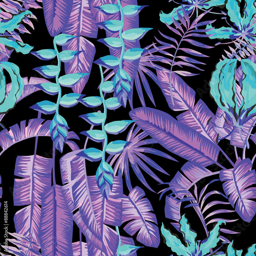 Stoffe zum Nähen blue palm leaves and flowers painting tropical pattern