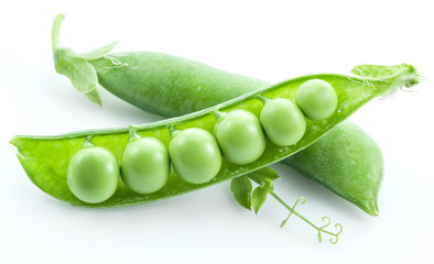 Open pea pod on a white background.