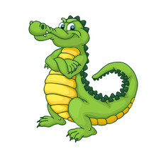 Happy Green Cartoon Alligator. Crocodile Isolated On White Background..