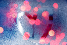 Rain At Night, Draw Heart Shape On Wet Glass With Light