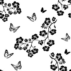 Wall Mural - Twig cherry blossoms and butterfly. Seamless