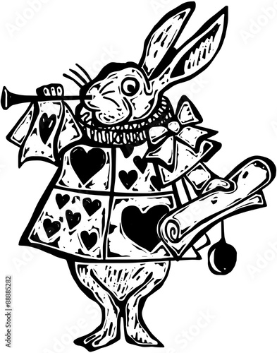 Fotomural A black and white woodcut style drawing of the rabbit from Alice in Wonderland