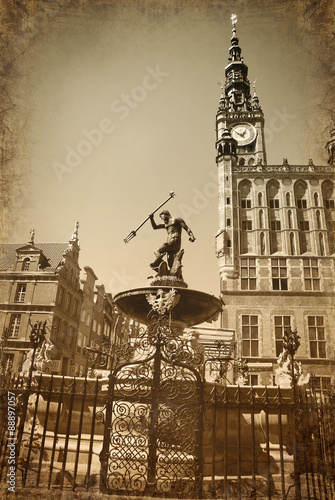 Fototapeta na wymiar vintage style photo of Neptune fountain in Gdansk