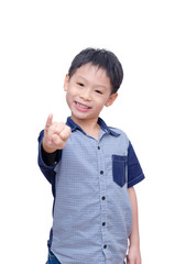 Wall Mural - Asian boy showing his pinkie over white