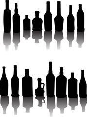 Wall Mural - sixteen black bottles with reflections isolated on white