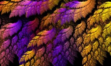 Fractal Feather In Yellow, Pink And Purple Colors.Abstract Texture. Fractal Art Background For Creative Design. Decoration For Wallpaper Desktop, Poster, Cover Booklet.