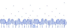 Pattern Of Blue Trees, House And Snowflakes