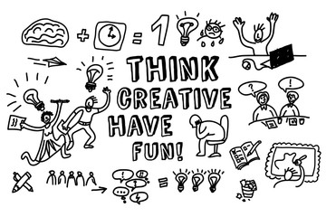 Wall Mural - Think creative fun doodles people black and white