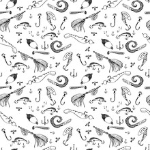 Seamless Pattern Set Of Fishing Gear. Drawing By Hand. A Vector Image.Blank For Printing On Fabric, Wrapping Paper.