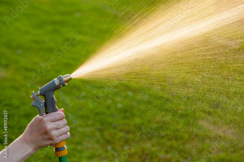 Fotografie, Obraz Hand holding garden hose with water spray