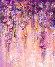 Abstract Flowers Watercolor Painting. Spring Purple Flowers Wisteria With Bokeh Background.
