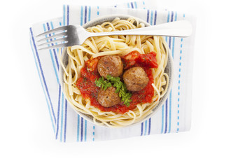 Poster - Pasta with tomato sauce and meatballs.