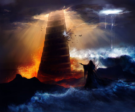 sorcerer in hood standing in front of an ancient destructed babylon tower with flood, fire & hurrica