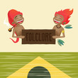 Saci pererê and Curupira - characters of the brazilian folklore holding a wooden sign