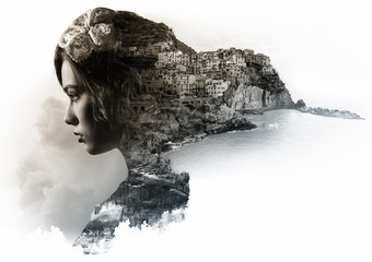 Double exposure portrait of a woman and view of Manarola. Italy