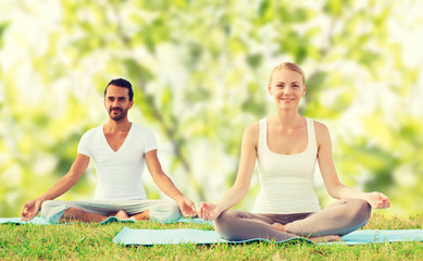 Canvas Print - smiling couple making yoga exercises outdoors