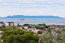View Of Downtown Thunber Bay Ontario, Canada North Ward And Harbor From Hillcrest Park, With Sleeping Giant In Background