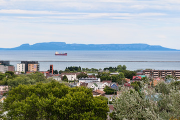 view of downtown thunber bay ontario, canada north ward and harbor from hillcrest park, with sleepin