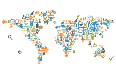  Mapa świata składa się z ikon społecznych sieci i urządzenia