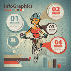 Wall Mural - Template for infographic about cycling with a girl in vintage st