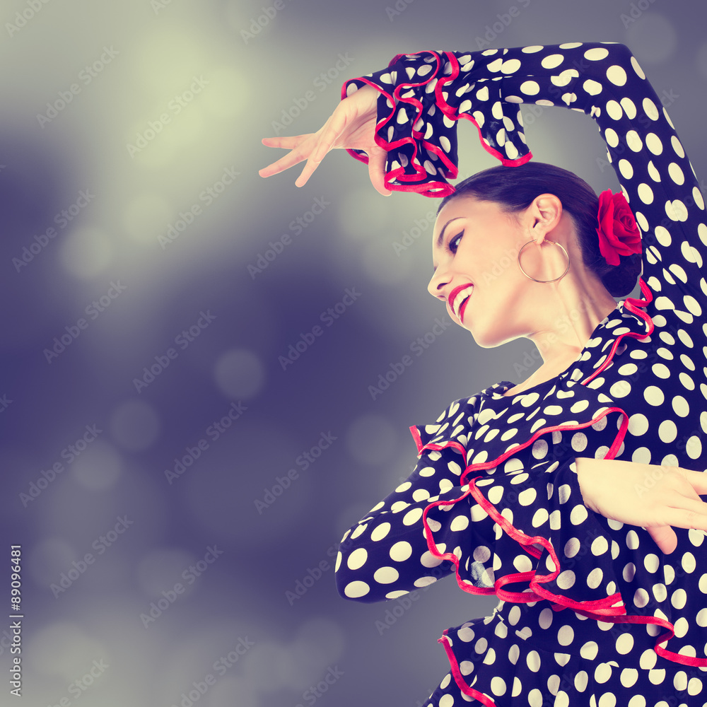 Close-up portrait of a young woman dancing flamenco on abstract background - obrazy, fototapety, plakaty 