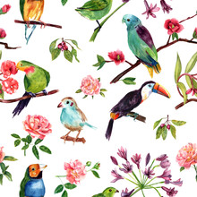 A Seamless Pattern With Vintage Style Watercolor Birds And Roses