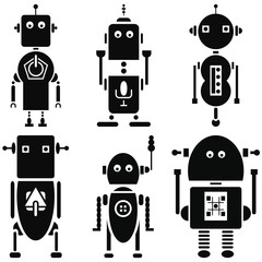 Vintage retro robots 2 icons set in black and white set of 6  ( set B) 
