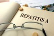 Word Hepatitis A  on a book and pills.