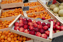 Display Of Peaches And Apricots In The Market