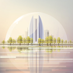 futuristic urban cityscape under air balloon reflecting in a water