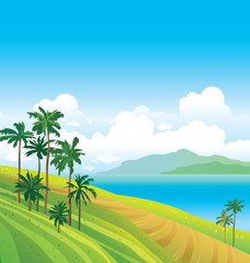 Wall Mural - Tropical landscape with palms and sea.